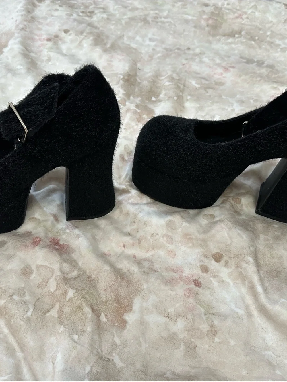 Sugar Thrillz Black Velvet Platform Ankle-Strap Heels with Heart Charm